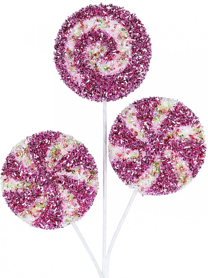 Pink & White Spiral Swirl Tinsel Candy Christmas Lollipop Long Stem - 21cm Wide