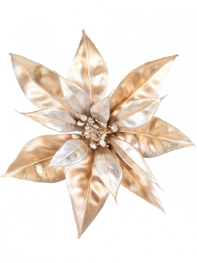 Matte Gold Moulded PVC Poinsettia Decorative Christmas Flower Pick - 16cm
