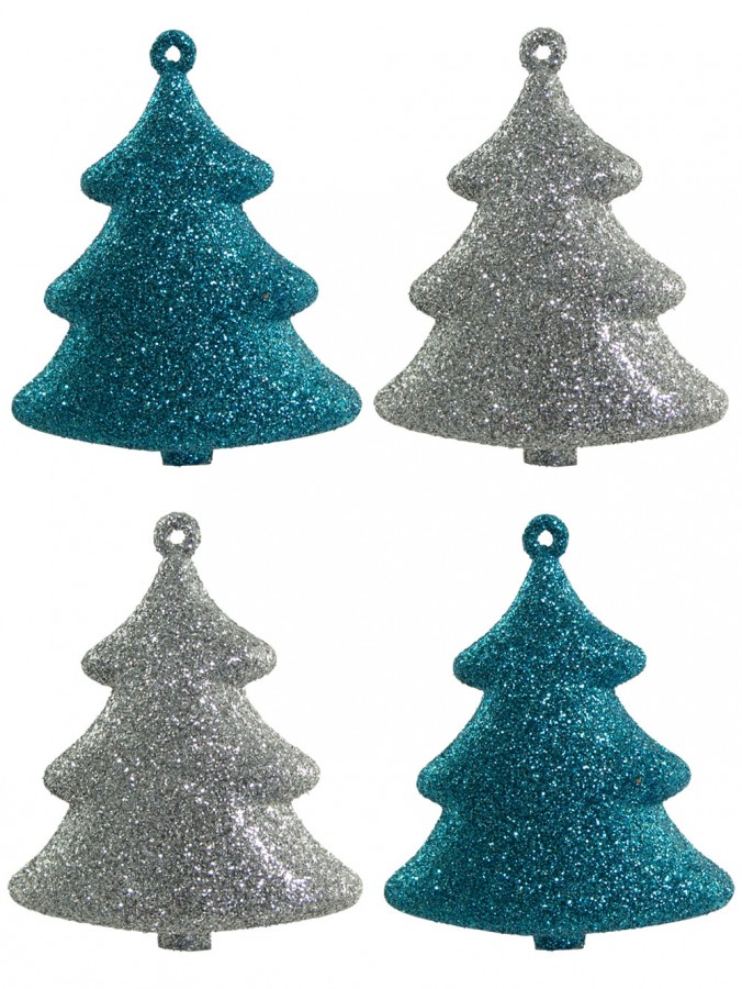 Glittered Turquoise & Silver 3D Tree Decorations - 4 x 70mm