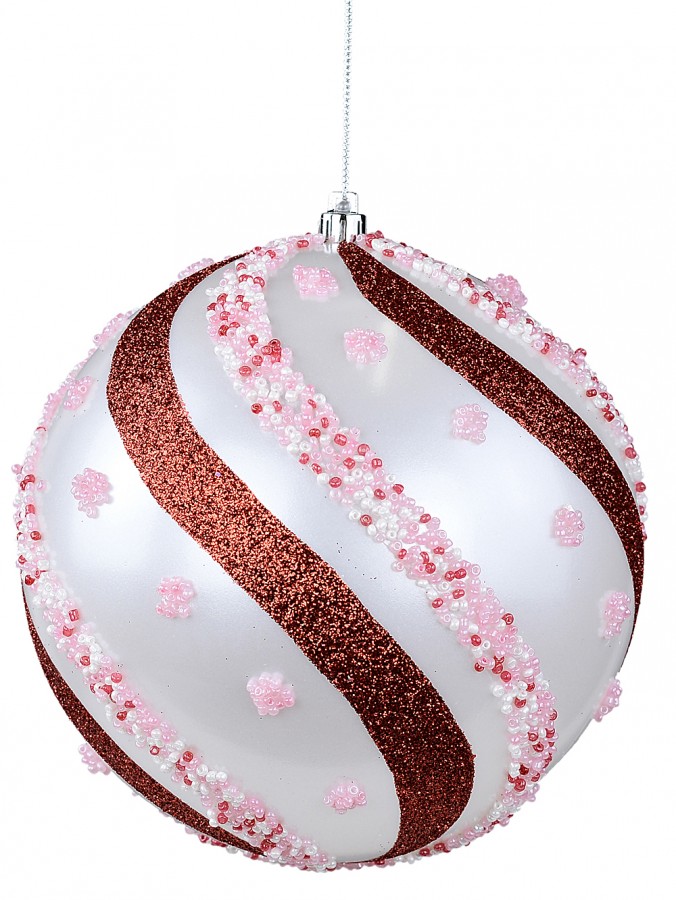 15cm White, Red & Pink Candy Swirl Textured Ball Bauble With Glitter & Beads
