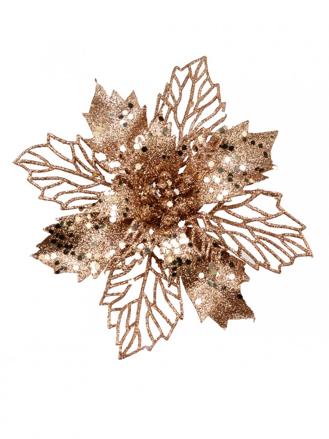 Bronze Gold Glitter Petal & Leaf Poinsettia Christmas Flower Pick - 18cm