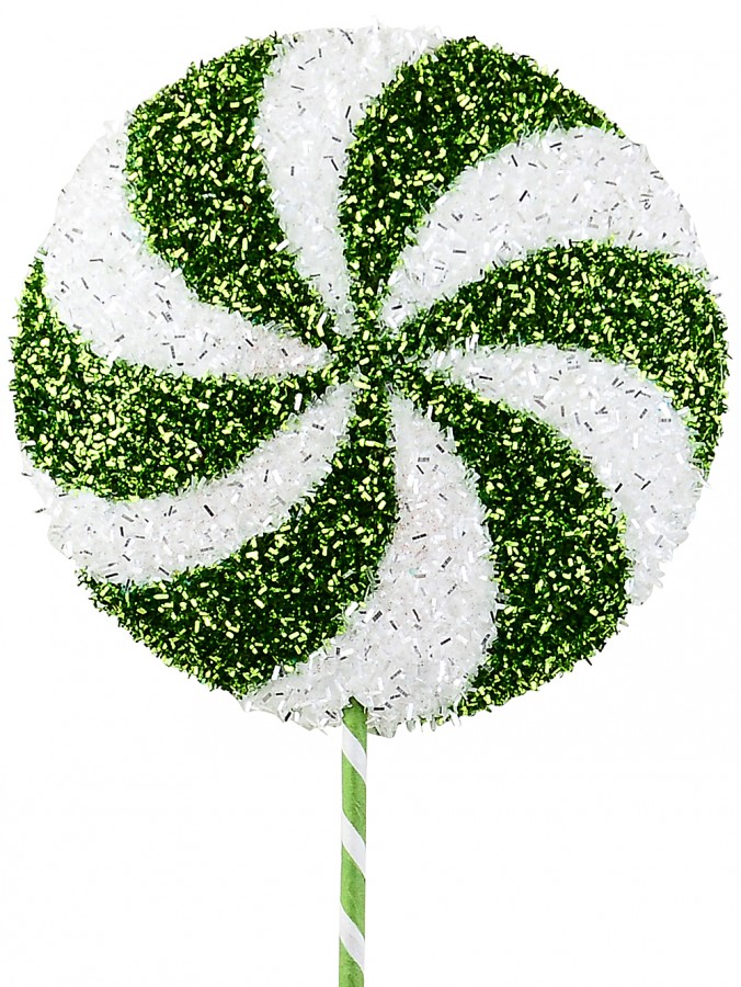62cm Green & White Tinsel Fleck Candy Swirl Lollipop Long Christmas Stem