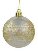 Champagne Pearl Baubles With Gold Glitter & White Stripes - 12 x 60mm