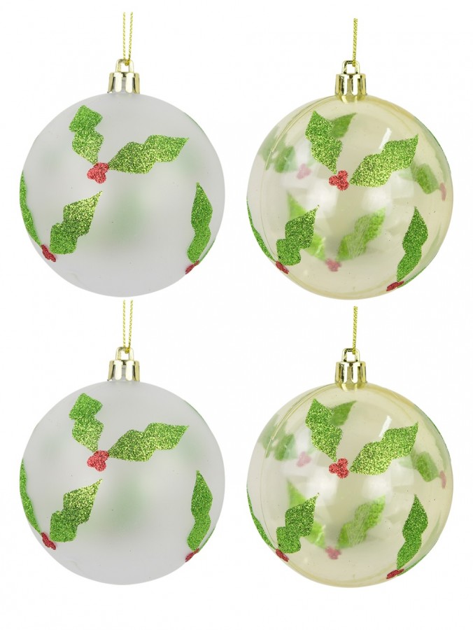 Holly Print Baubles In Pearl White & Clear Gold - 4 x 60mm