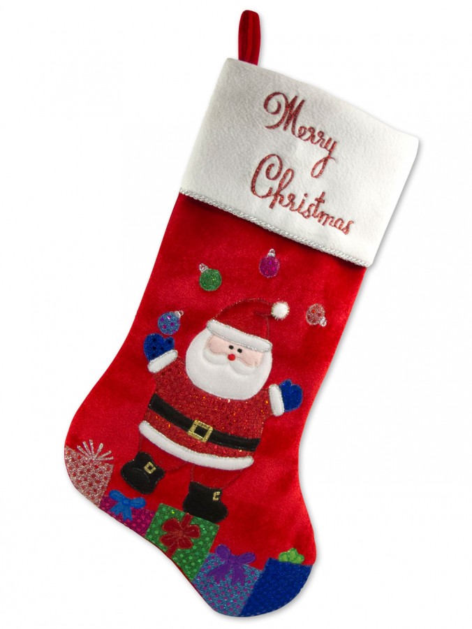 Red Velvet Stocking With Juggling Santa - 48cm