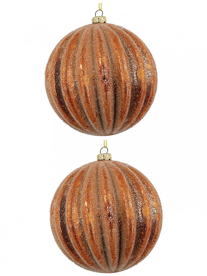 2x Dynamic Rose Gold Signature Ridge Textured & Glitter Ball Bauble | 10cm