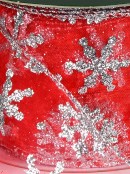 Silver Glitter Snowflake Pattern & Edge Sheer Red Christmas Ribbon - 3m