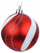 Red & White Candy Swirl Baubles With Green & Silver Glitter Lines - 6 x 60mm