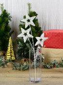57cm White Christmas Stars Spray With Silver Glitter Long Stem