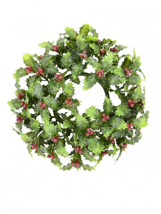 Lightly Frosted Green Wreath with Red Berries - 23cm