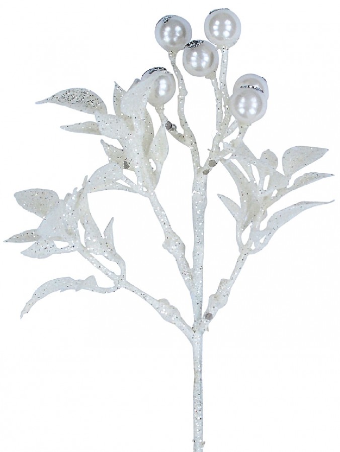 White Berries & Foliage With Silver Glitter Christmas Spray Clip Pick - 19cm Wide