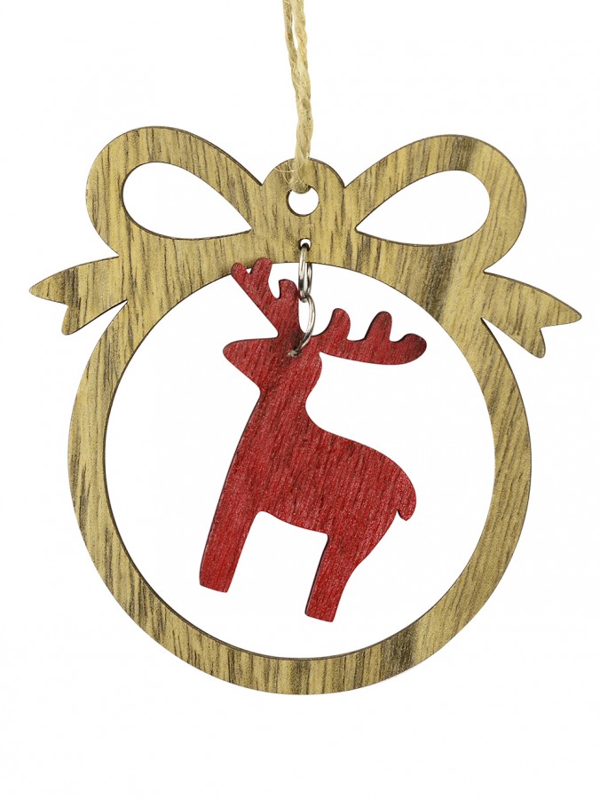 MDF Bow With Red Reindeer Cut-Out Christmas Tree Hanging Decoration - 10cm