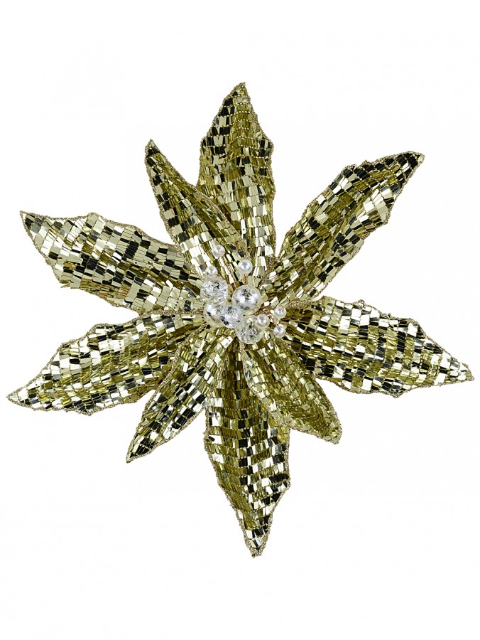 Champagne Gold Disco Sequin & Pearl Poinsettia Christmas Clip Stem | 30cm