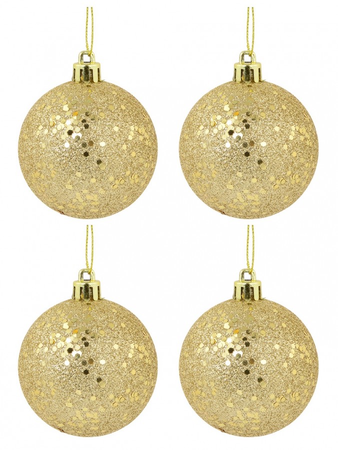 Gold Metallic Sequins & Glitter Coated Christmas Baubles - 12 x 60mm