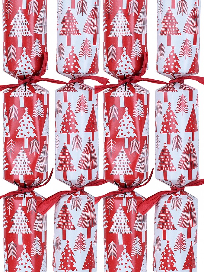 Red & White With Various Christmas Tree Styles Pattern Cracker Bon Bons - 12 x 30cm