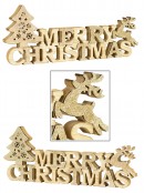Natural Wood Merry Christmas with Champagne Glittered Tree & Deer - 35cm