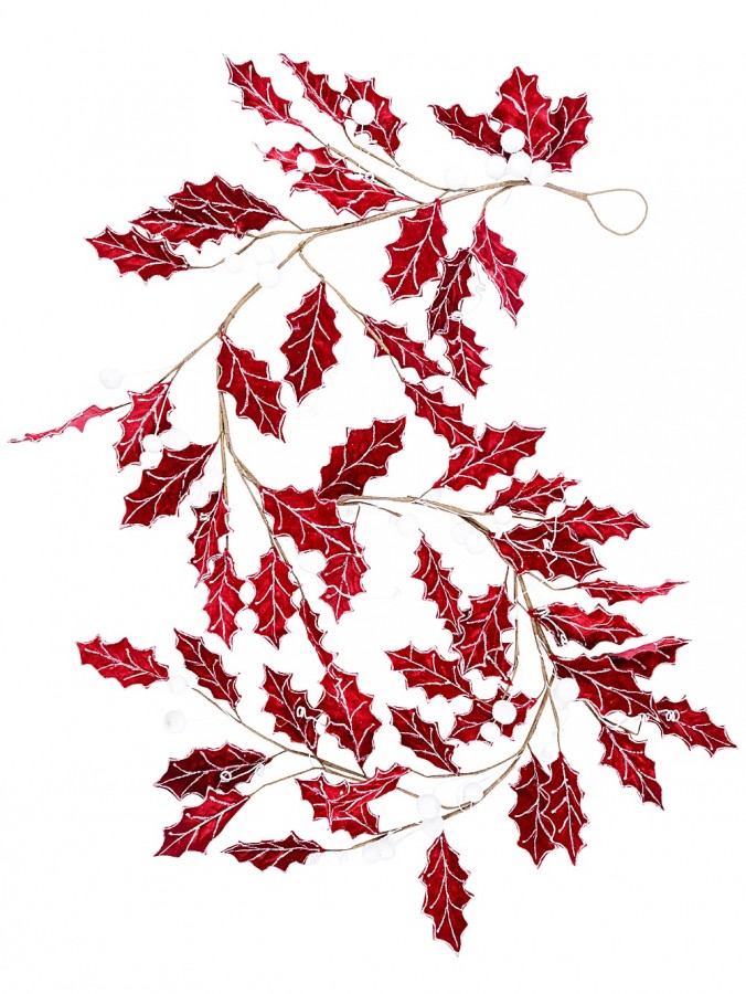 1.8m Red Velvet Holly Leaf & Snow Berries Christmas Vine Garland