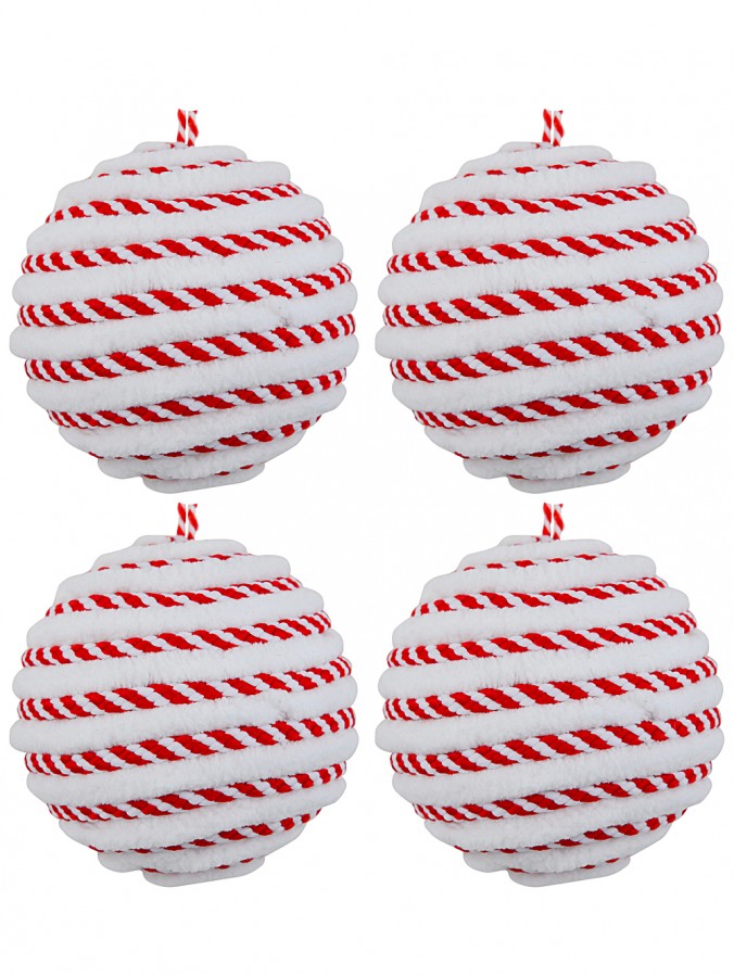 6x Red & White Spiral Plush Chenille Whimsical Signature Ball Baubles | 80mm
