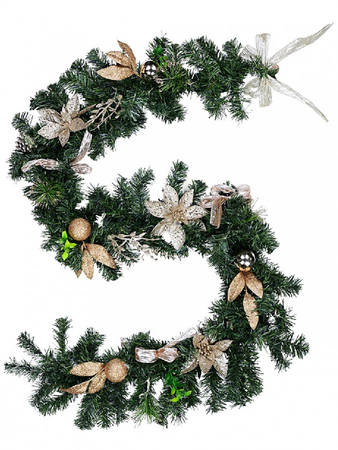 Decorated Gold & Champagne Mix Foliage & Floral Christmas Pine Garland - 1.8m