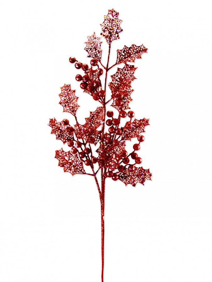 Red Glittered Mesh Leaves With Berries Decorative Pick - 80cm
