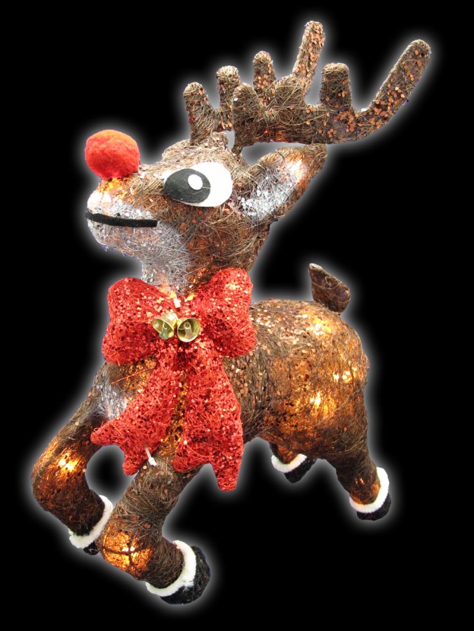 Sisal Prancing Reindeer With Red Bow & Nose Light Display - 32cm