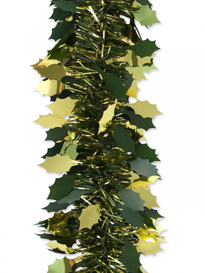 Gold & Green Holly Leaf Pine Needle Tinsel Garland - 2.7m