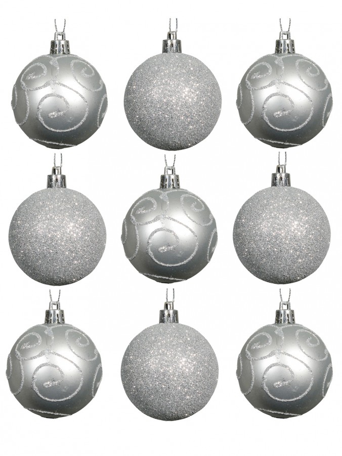 Silver Swirl Pattern & Glittered Baubles - 9 x 60mm