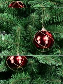 4x 80mm Shiny Red & Green Christmas Baubles With Gold Glitter Line Patterns