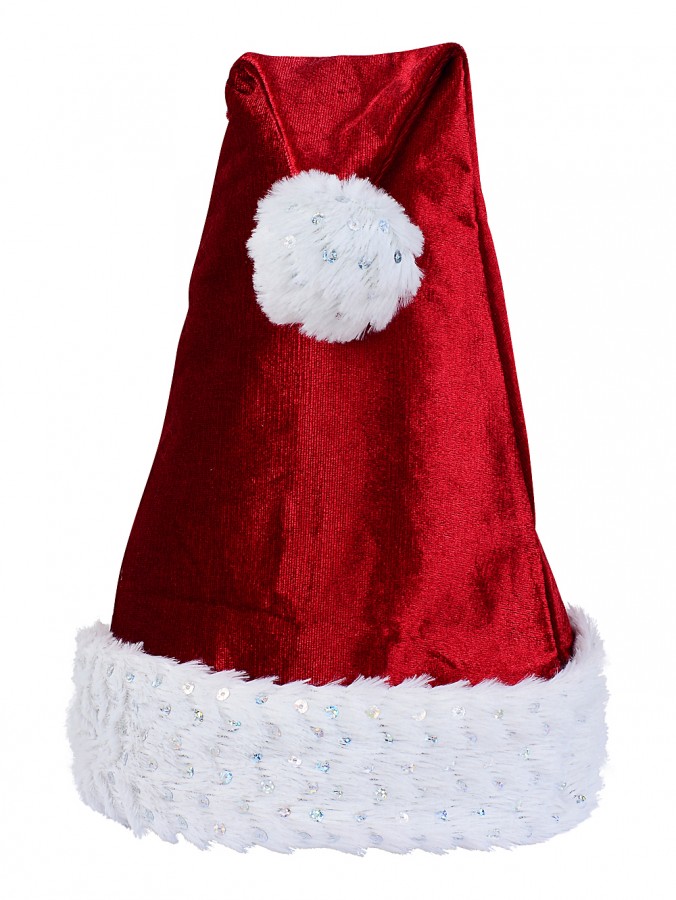 Red Velvet Traditional Christmas Santa Hat With Sequins - One Size Fits Most