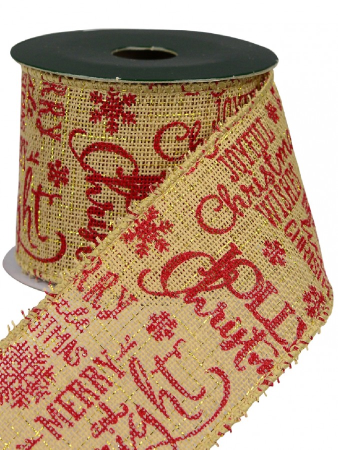 Red Font On Natural Burlap Look Fabric & Edging Christmas Ribbon - 3m
