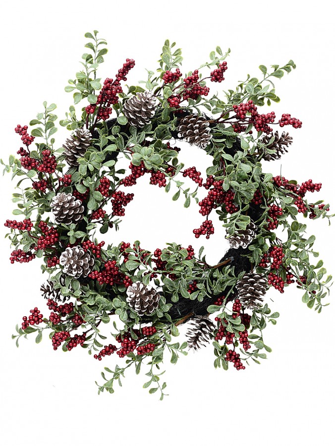 55cm Boxwood & Red Berry Christmas Vine Wreath | Snow Tipped Pine Cones