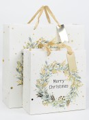 Large Eggshell White Gift Bag With Merry Christmas & Foliage Wreath Print