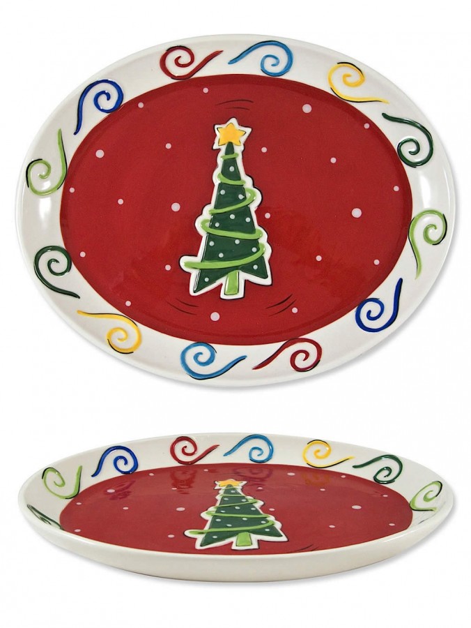 Ceramic Oval Plate With Christmas Tree Design - 33cm