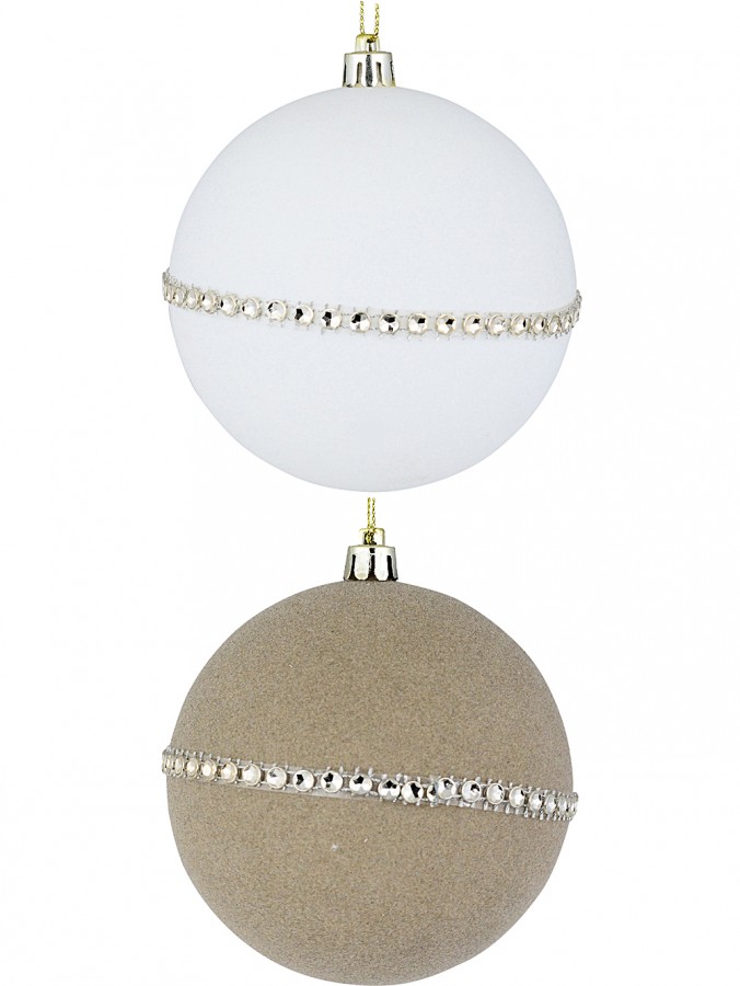 2x 95mm White & Coffee Flocked Baubles With Encrusted Diamantes