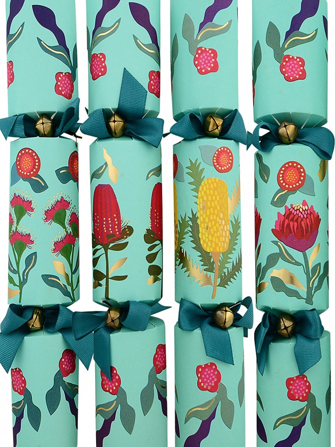 6x 29cm Native Flowers Print On Turquoise Christmas Cracker Bon Bons