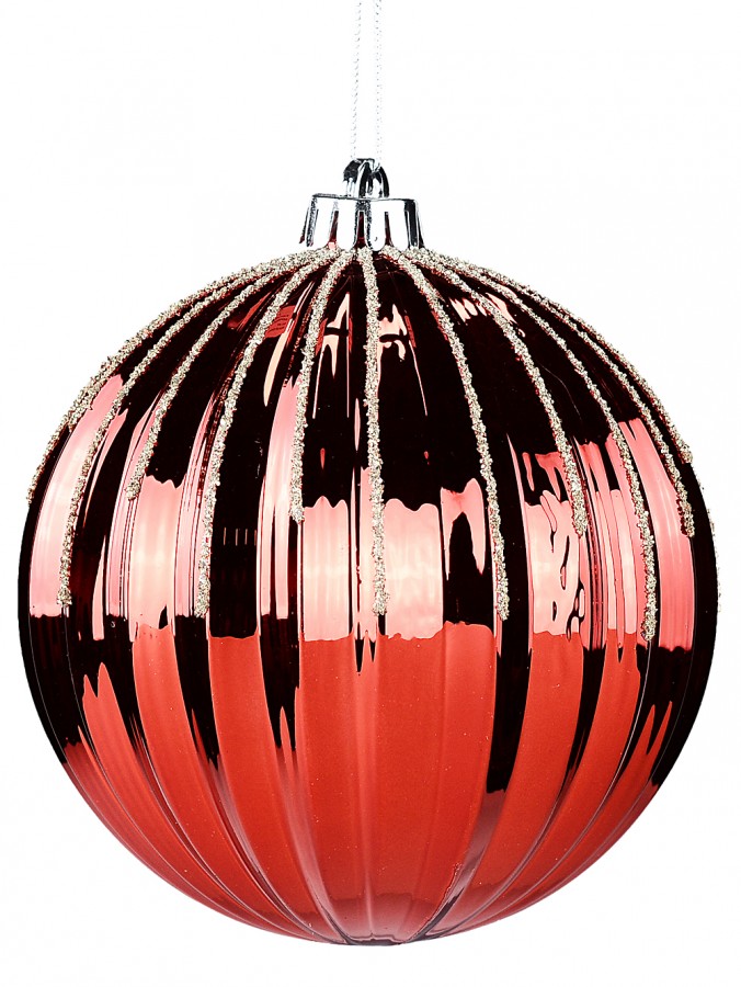 15cm Shiny Red Pumpkin Textured Ball Bauble With Gold Glitter Decoration