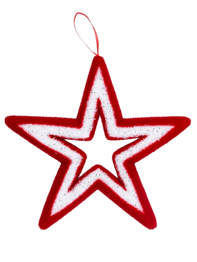 37cm Red & White Flocked With Silver Hollow Christmas Star Tinsel Plaque