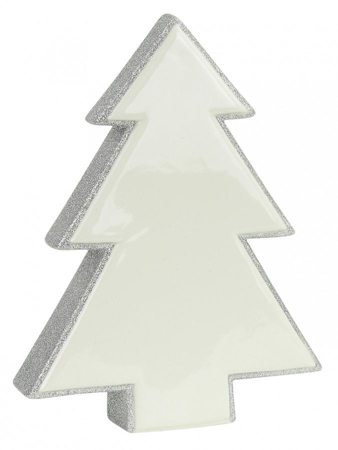 White Ceramic With Silver Glitter Free Standing Tree Ornament - 16cm