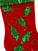 Red Velvet With Sequin Holly Leaf, Berries & Green Sequin Cuff Stocking - 48cm