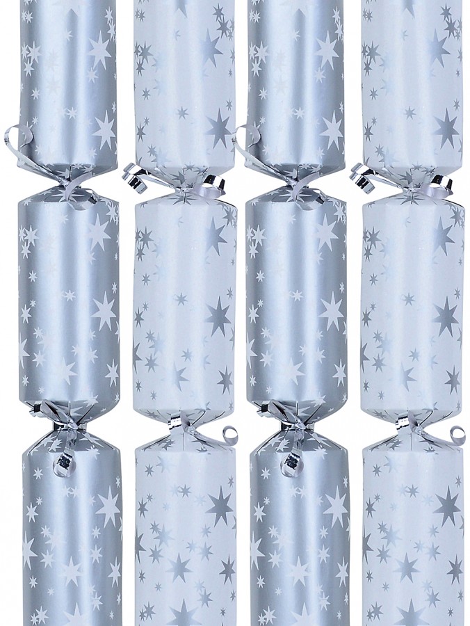 White & Silver With Silver & White Stars Christmas Cracker Bon Bons - 12 x 30cm