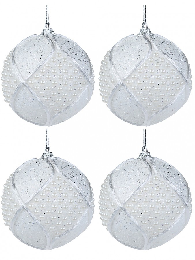 White Geometric Corded Baubles With Pearl Beads & Silver Glitter - 4 x 80mm