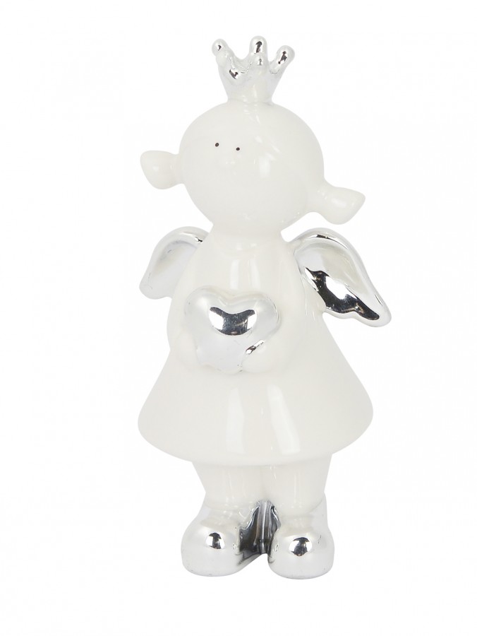 Ceramic Standing Angel Ornament In White Gloss & Silver - 14cm