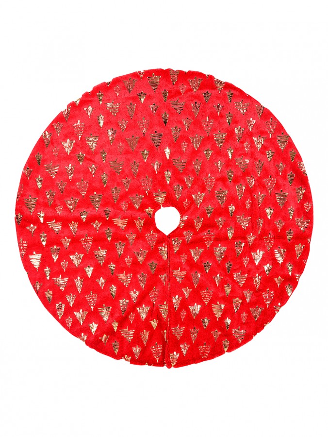 1m Red Plush Faux Fur Christmas Tree Skirt With Gold Foil Trees Pattern