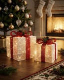 White Glitter Mesh 3D Gift Box LED Display Set | 25cm & 20cm