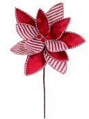 Red Candy Stripe Velour & Jute Poinsettia Christmas Stem | 30cm