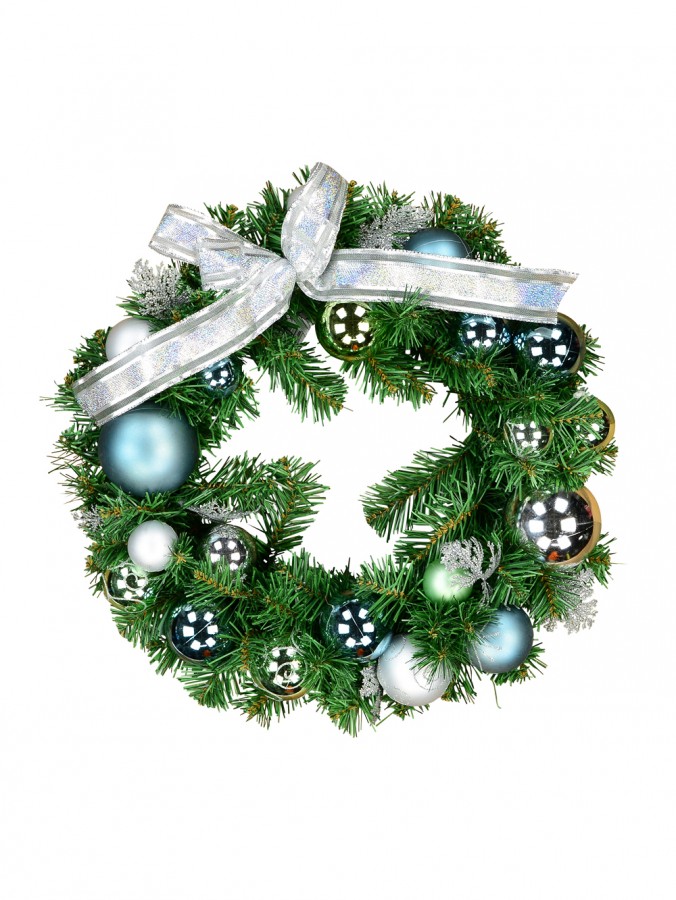 Decorated Blue, Silver & Mint Baubles, Silver Bow & Ferns Pine Wreath - 42cm