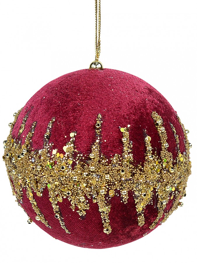 Burgundy Velvet Bauble With Gold Christmas Tree Hanging Decoration - 10cm