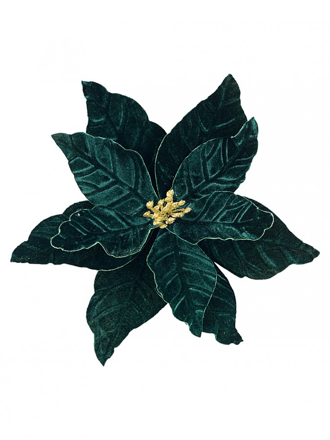 Deep Emerald Green Velvet Poinsettia Christmas Clip Stem | 30cm