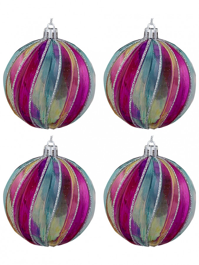 4x Jewel Tone Iridescent Swirl Silver Grid Whimsical Signature Baubles | 80mm