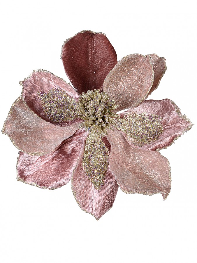 Dusty Rose & Champagne Glitter Magnolia Christmas Flower Pick - 22cm